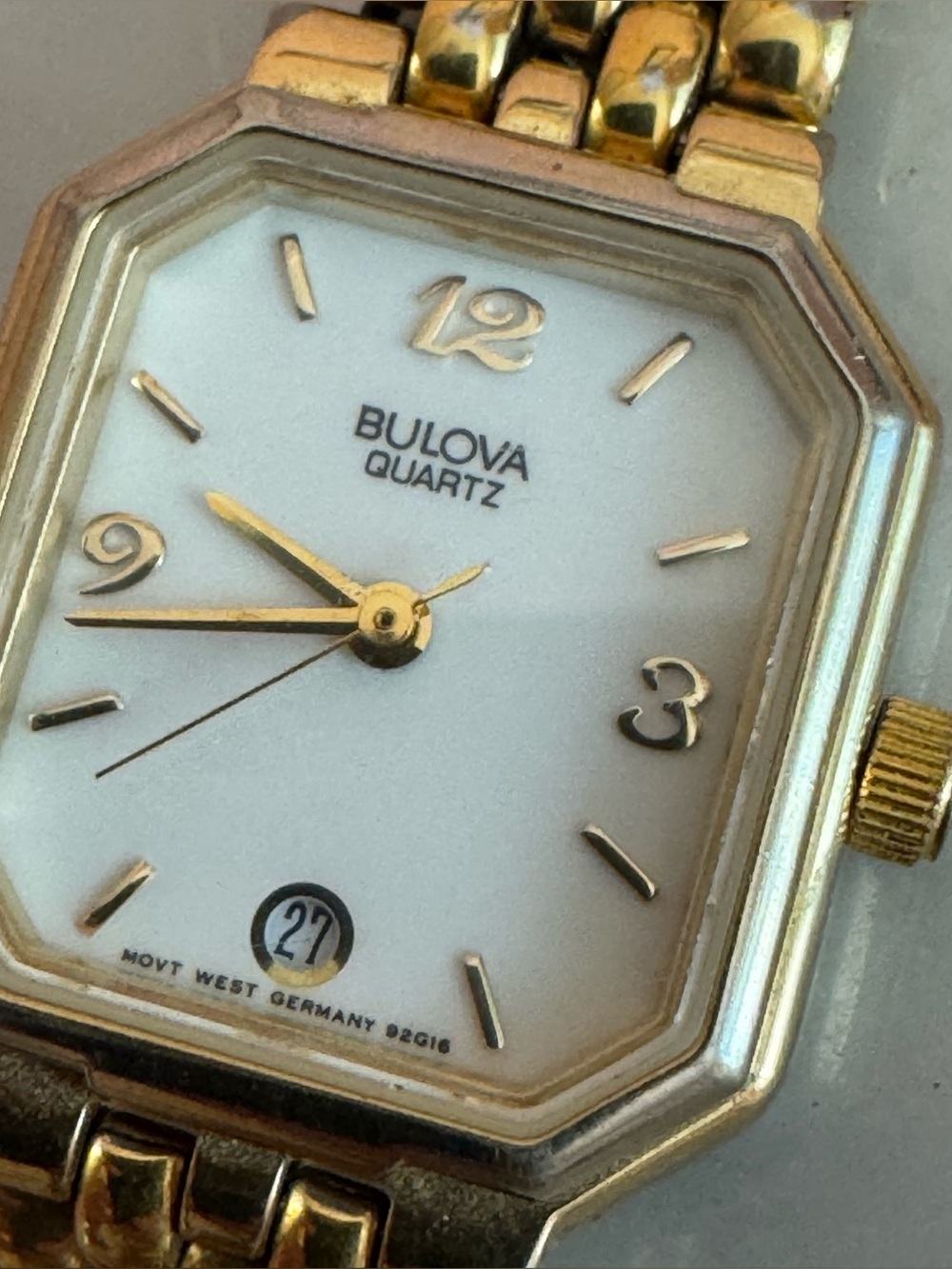 Bulova Gold and White Octagonal Ladies Quartz Watch, Delicate and Feminine